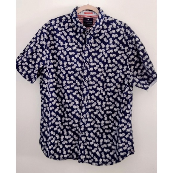 Denim & Flower Other - Denim And Flower Ricky Singh Navy Blue & White Pineapple Slim Fit Shirt Size XL
